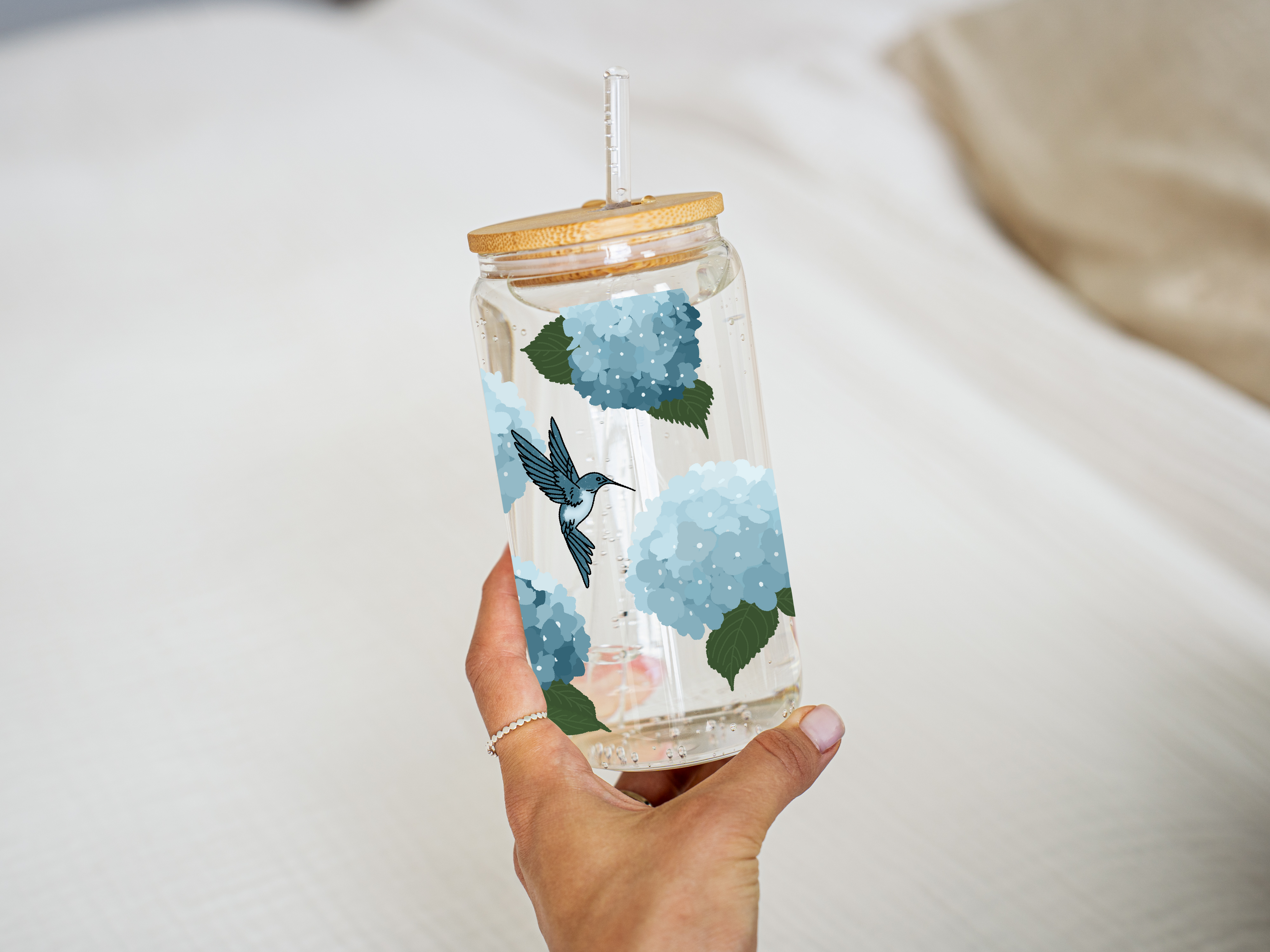 Hydrangeas and Hummingbirds Glass Cup