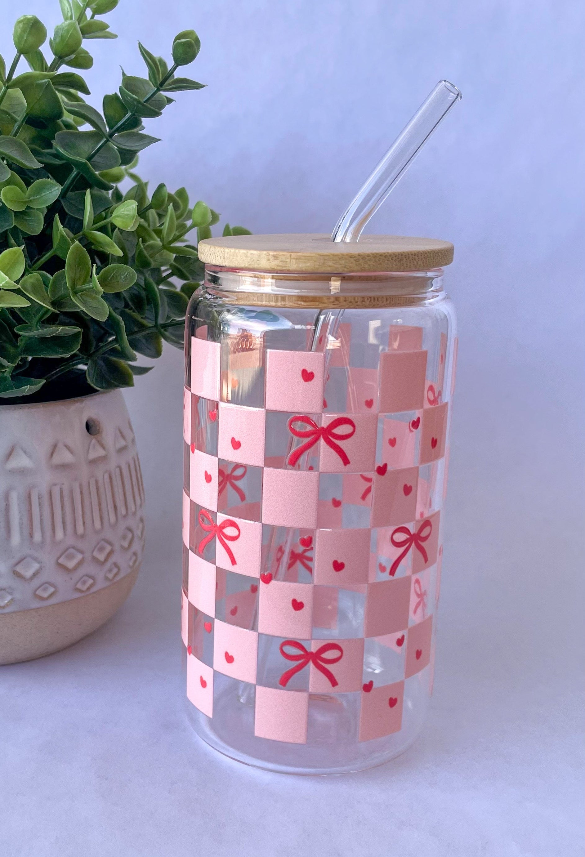 Checkered Bows Glass Cup