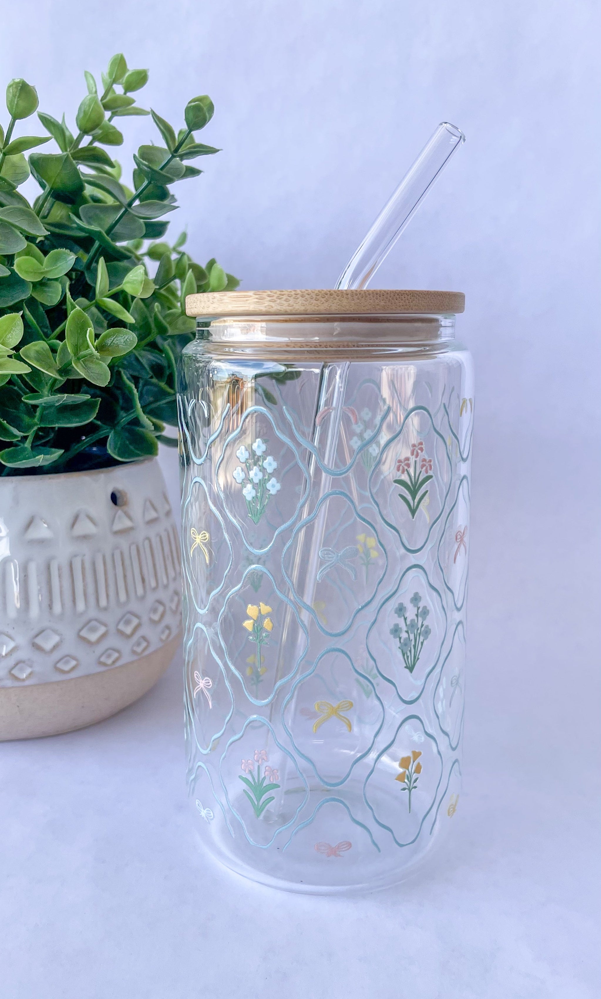 Floral + Bows Glass Cup