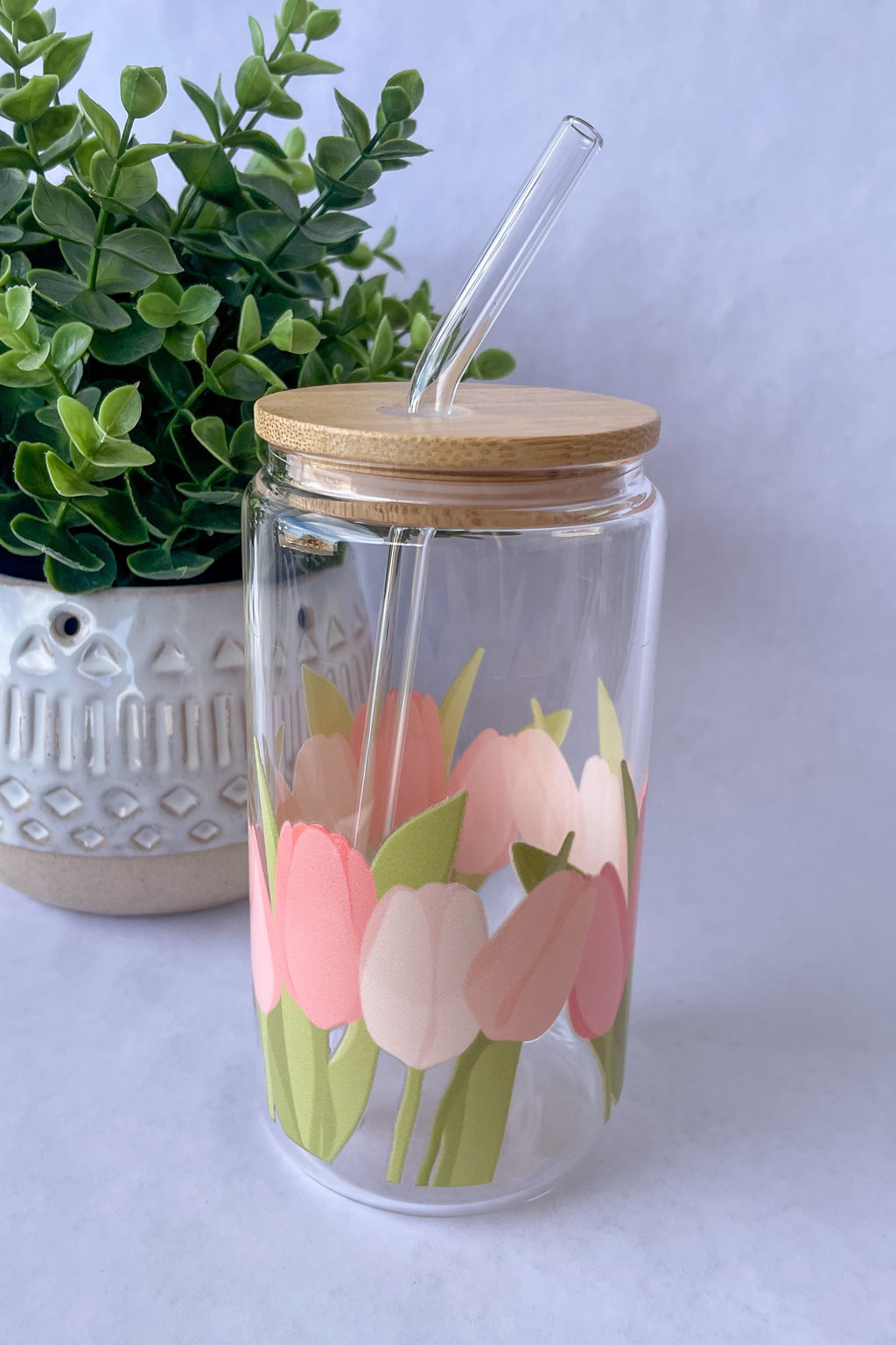 Pink Tulips Glass Cup